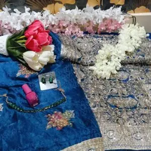Pure Dola Silk Jardosi Handwork Blue